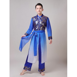 Men's chinese style folk dance cotumes male blue gradient classical ancient traditional taichi kungfu yangko dance costumes
