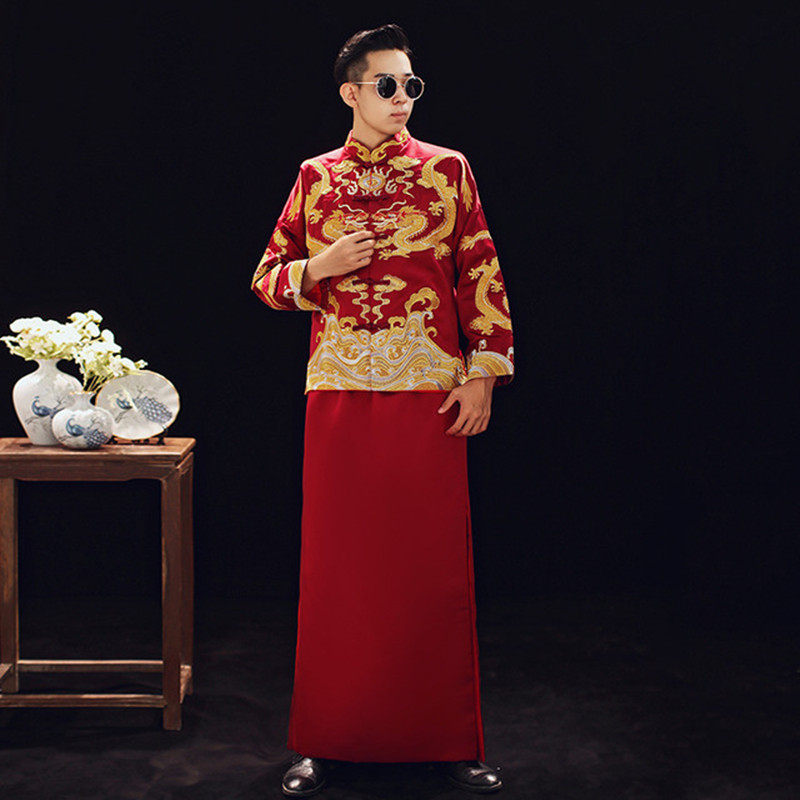 Men's Chinese  traditional wedding party wedding dress gold dragon bridegroom long mandarin jacket chinese retro style Tang suit for male