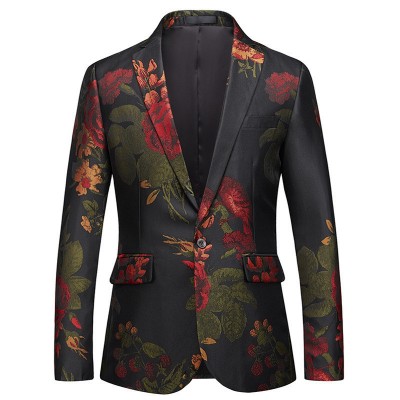 Men's floral hair stylist singer dress suit stage performance host coats business casual one-button suit printing suit Korean style bridesgroom slim suit jacket men