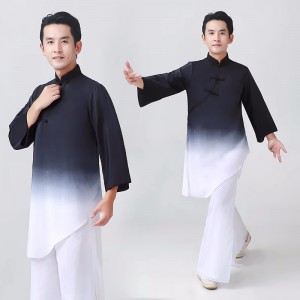 Men's folk dance wear black blue green gradient traditional classical wushu competition dance costumes tai chi kung fu ancient stage performance wear