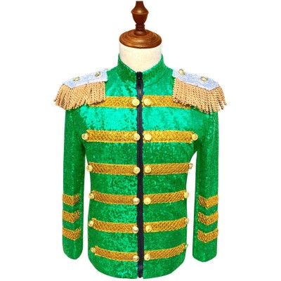 Men's green sequined jazz dance coat European palace Court drama cosplay costume Male trend stage performance outfit  Nightclub bar DJ host singers sequined suit