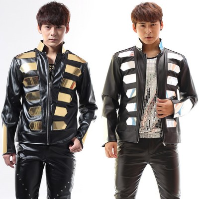 Men's jazz dance jacket hiphop male punk rock rap leather stage performance hiphop night club dj drummer singers motorcycle competition coat 