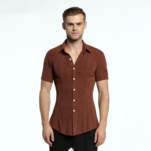 Men's latin shirts competition brown stage performance professional tango waltz dancing tops 