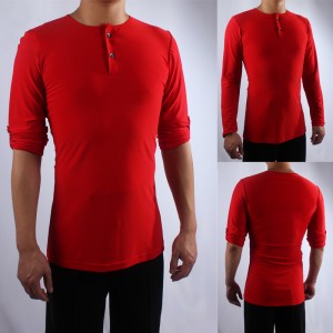 Men's red black colored ballroom latin dance shirts modern dance long sleeves round neck flamenco waltz tango chacha stage performance tops for male
