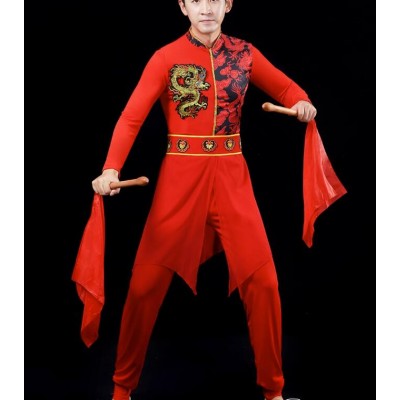 Men's red chinese dragon folk dance costume waist drum gong festival lion dance wushu chinese kung fu stage performance clothes for male