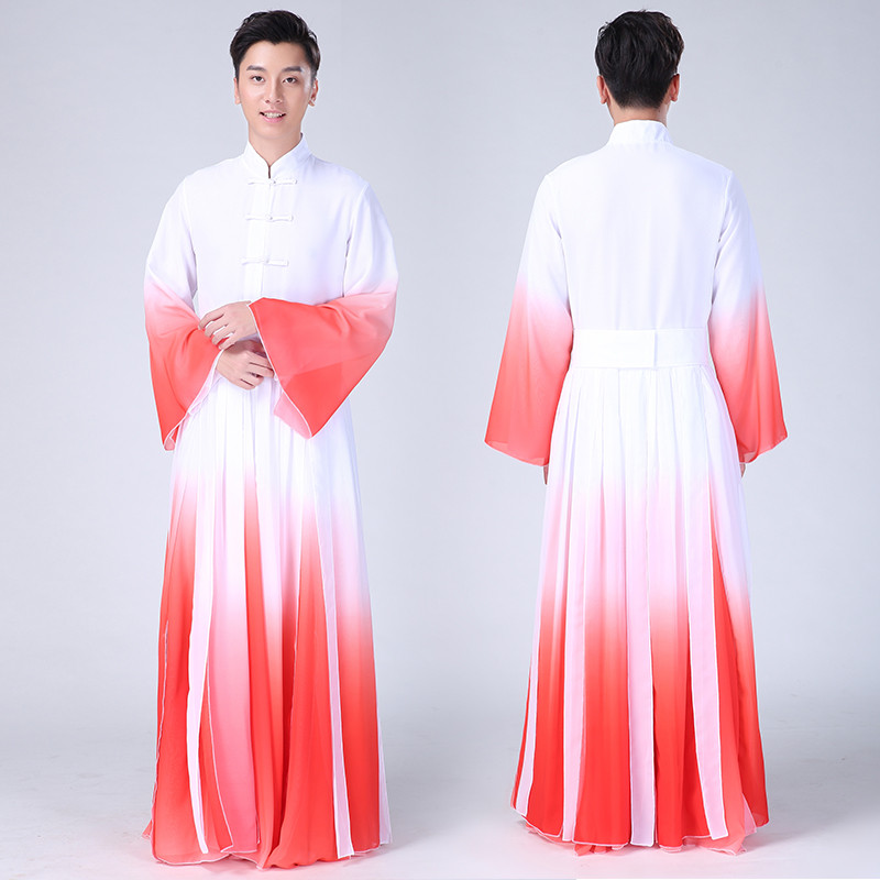 Men's red with white gradient Chinese folk dance costumes Hanfu Chinese kungfu wushu performance clothing drummer lion yangko fan classical dance clothes