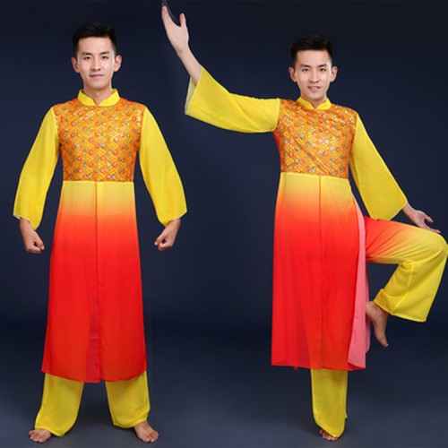 Men's  red with yellow chinese folk dance costumes chinese style dragon drummer stage performance costumes yangko performance clothes 