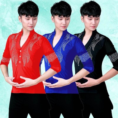 Men's royal blue red black competition ballroom Latin dance shirts with diamond professional waltz tango dance tops mid-sleeve modern dance practice clothes for man