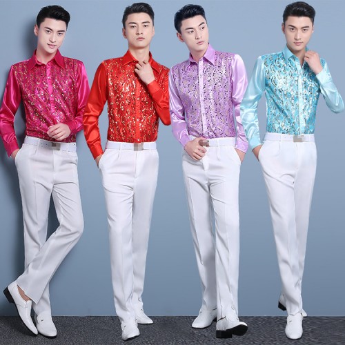 Men's singers host jazz stage performance shirts pink gold white blue modern dance paillette satin photography shirts for male