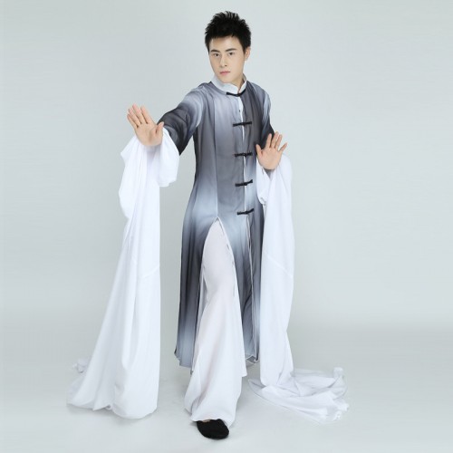 Men's white with black gradient grey colored Modern contemporary dance costumes Martial arts performance clothes Kung Fu group wushu waterfall Sleeves Dancing uniforms for man