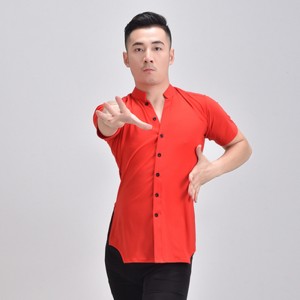 men's youth Red colored ballroom Latin dance shirts waltz tango ballroom short-sleeved practice tops adult flamenco jive chacha foxtrot smooth dance tops for male