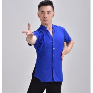 Men's youth royal blue short sleeves latin ballroom dance shirts competition modern flamenco waltz tango foxtrot smooth dance tops for male