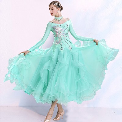 Mint competition embroidered diamond ballroom dance dresses for women girls long sleeves waltz tango stage performance dresses
