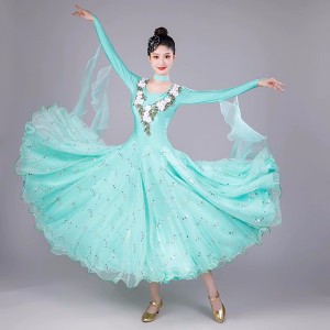Mint green ballroom dance dresses for women girls Embroied flowers waltz tango foxtrot smooth flamenco dance long gown for female