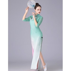 Mint pink gradient colored Jasmine dance costume for women Chinese classical dance costume elegant cheongsam dresses  Chinese style classical dance Qipao Dresses