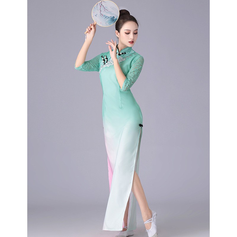 Mint pink gradient colored Jasmine dance costume for women Chinese classical dance costume elegant cheongsam dresses  Chinese style classical dance Qipao Dresses