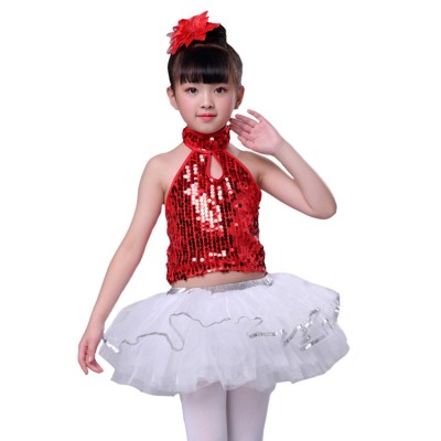 Modern dance costumes for girls  childen kids blue red silver black pailleltte singers host chorus school competition dresses costumes outfits