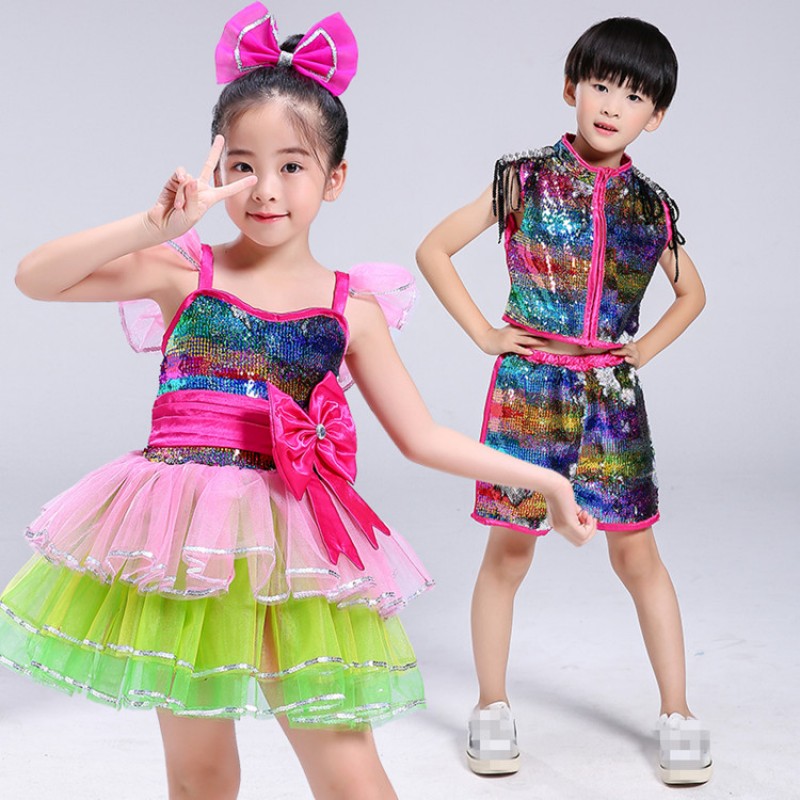 modern dance jazz singers chorus dresses flower girls princess rainbow paillette Stage performance stage performance cosplay costumes