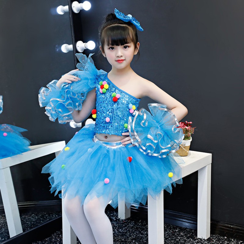Modern dance princess dresses girls children kids  princess chorus singers costumes turquoise paillette show cosplay costumes