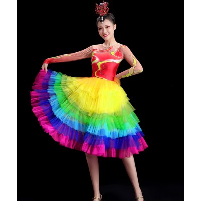 Modern jazz dance Rainbow dresses for women girls opening dance big swing rainbow skirt song accompaniment colorful dress