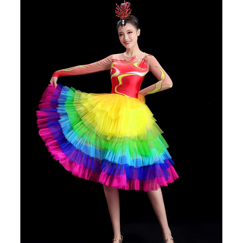 Modern jazz dance Rainbow dresses for women girls opening dance big swing rainbow skirt song accompaniment colorful dress