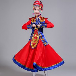 Mongolian dance costumes for kids girls red blue grassland dance photos cosplay ethnic traditional Mongolian dance robes 