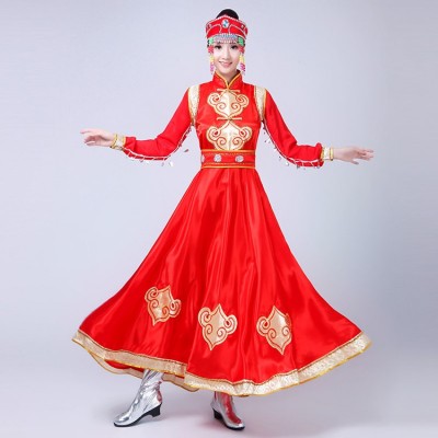 Mongolian dance dresses cheap Chinese folk dance dresses minority red Mongolia stage performance drama Asian party cosplay costumes dresses