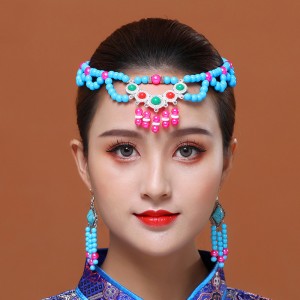 Mongolian dance performance pink blue white headwear earrings female handmade beaded Mongolia dance hair accessories stage headwear