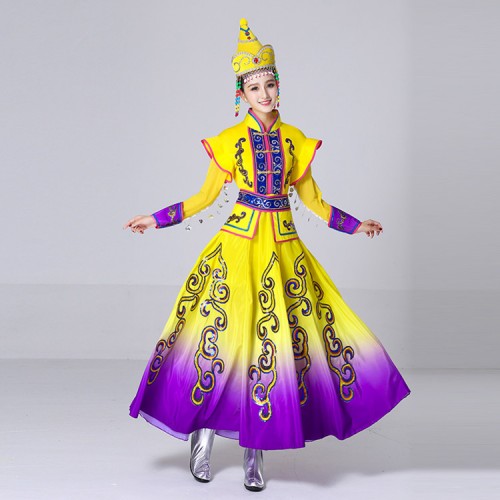 Mongolian national cosplay dance costume violet yellow gradient colored adult female Tibetan square dance  long dress minority  stage performance Mongolian costumes