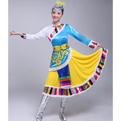 Mongolian tibet dance costumes Women's chinese folk dance costumes ancient traditional stage clothes dresses