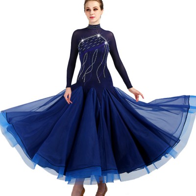 Navy ballroom dresses for women female long sleeves competition stage performance waltz tango chacha dancing costumes