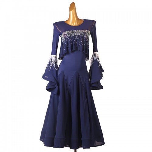 Navy Blue competition ballroom dance dresses for women girls kids ruffles neck lflare sleeves with feather balllroom waltz tango foxtrot smooth dance long dress for female