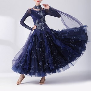 Navy blue competition ballroom dance dresses with diamond for women girls professional tango foxtrot smooth dance long gown for lady 