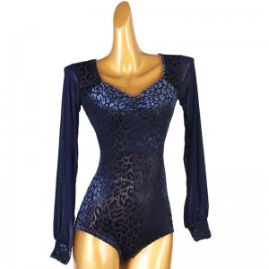 Navy blue leopard velvet latin ballroom latin dance bodysuit for Lantern Long Sleeves latin dance Top  Ballroom Dance jumpsuits for woman