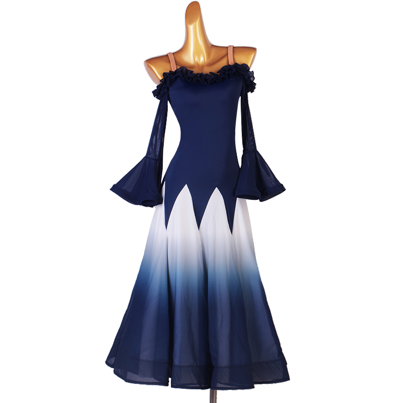 Navy blue white gradient colored ballroom dance dresses for women girls dew shoulder long flare sleeves competition professional waltz tango foxtrot dance long dress for woman