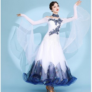 Navy blue with white competition ballroom dance dress with diamond for women girls modern waltz tango foxtrot smooth dance flowy bling long gown for female