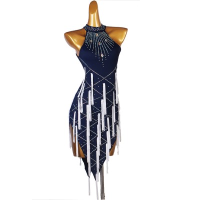 Navy blue with white fringe competition latin dance dresses for women stage performance latin dance costumes rumba salsa chacha dance dress for female
