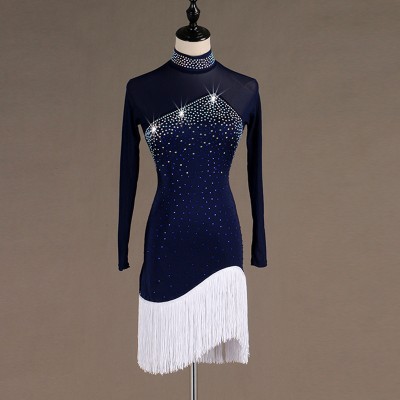 Navy blue with white fringed competition latin dance dresses for women girls long sleeves diamond tassels high neck rumba salsa chacha dance dress