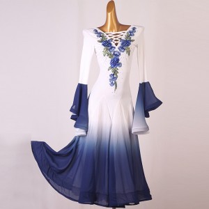 Navy blue with white gradient colored embroidered flowers ballroom dancing dresses for women girls flare sleeves waltz tango foxtrot smooth dance long gown