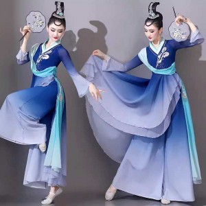 Navy gradient Chinese folk Classical dance costumes for women girls hanfu fairy dance dresses art examination solo dance Ancient Han Tang fan dance costumes