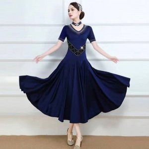 Navy wine colored ballroom dancing dresses for women girls short sleeves ballroom dance costumes with diamond waltz tango foxtrot smooth dance long gown for female 