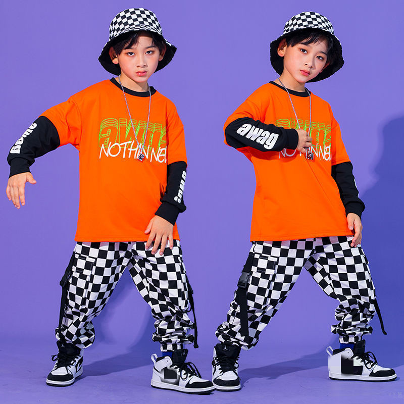 Oranage with white plaid Rapper singer jazz dance costumes for girls boys Hip hip go go dancers street dance outfits  for kids 