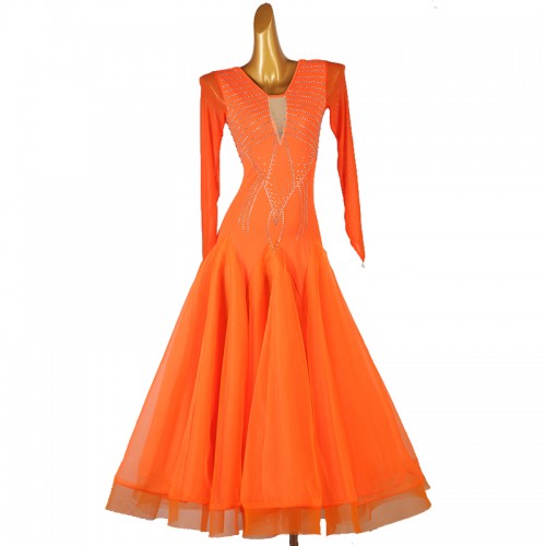 Orange competition ballroom dance dresses for women girls gemstones waltz tango flamenco foxtrot smooth dance bling long gown for female