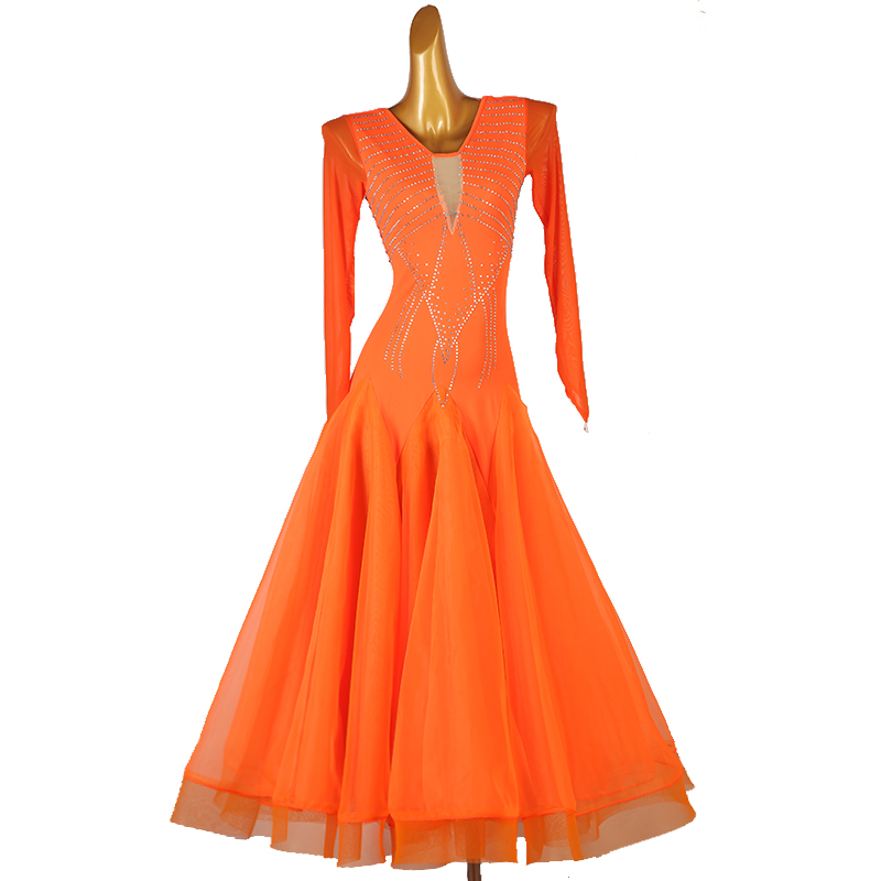 Orange competition ballroom dance dresses for women girls gemstones waltz tango flamenco foxtrot smooth dance bling long gown for female