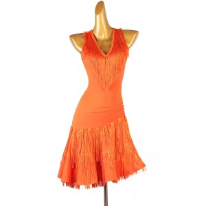 Orange fringe competition latin dance dresses for women girls halter neck latin salsa rumba chacha ballroom dance skirts  modern dance wear for female