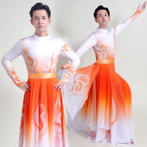 Orange gradient Chinese folk dance costumes for men chinese kungfu wushu dragon performance clothing lion dance drummer performance wear for male
