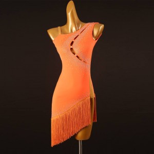 Orange slant neck fringe competition latin dance dresses for women girls salsa rumba chacha stage performance costumes for female