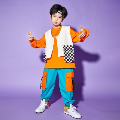 Orange with blue jazz dance costumes for boys kids children street jazz hip-hop gogo dancers rapper dance waistcoat clothing 