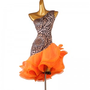 orange with leopard sexy slant neck latin dance dresses for women girls salsa rumba cha cha dancing skirts ballroom dancing outfits for woman