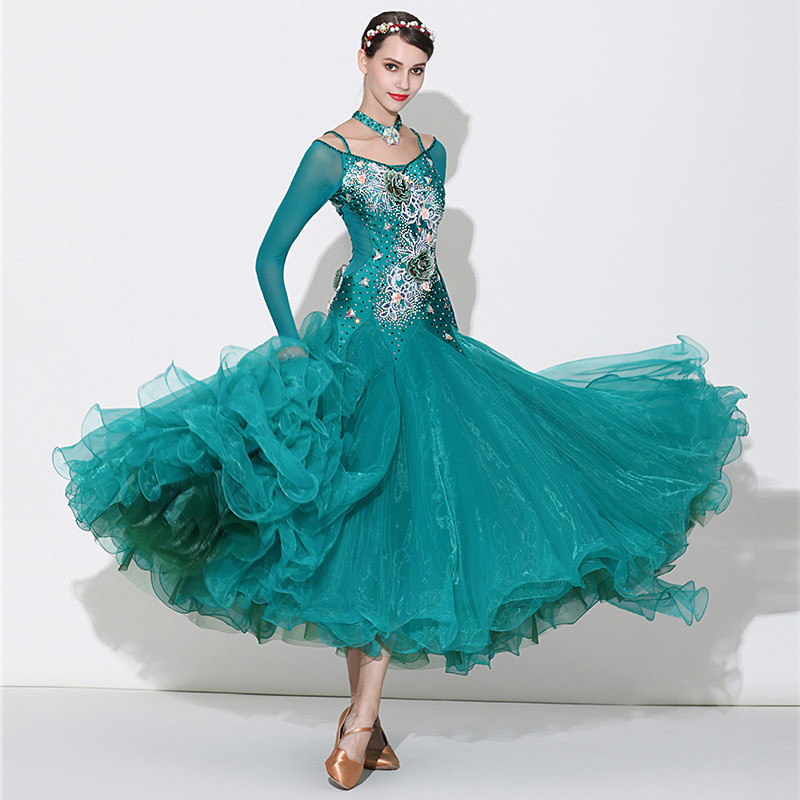 Peacock blue competition diamond ballroom dance dresses for women girls ...